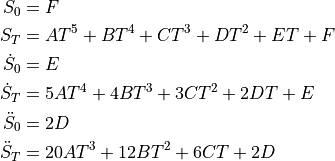 S_0 &= F

S_T &= A T^5 + B T^4 + C T^3 + D T^2 + E T + F

\dot{S}_0 &= E

\dot{S}_T &=  5 A T^4 + 4B T^3 + 3C T^2 + 2D T + E

\ddot{S}_0 &= 2D

\ddot{S}_T &=  20 A T^3 + 12B T^2 + 6C T + 2D